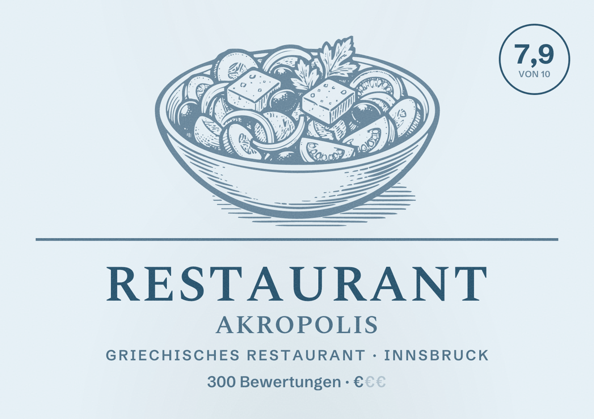 Illustriertes Poster von Restaurant Akropolis, Griechisches Restaurant in Innsbruck: Bewertung 7,9 von 10 aus 300 Bewertungen, Preisniveau €