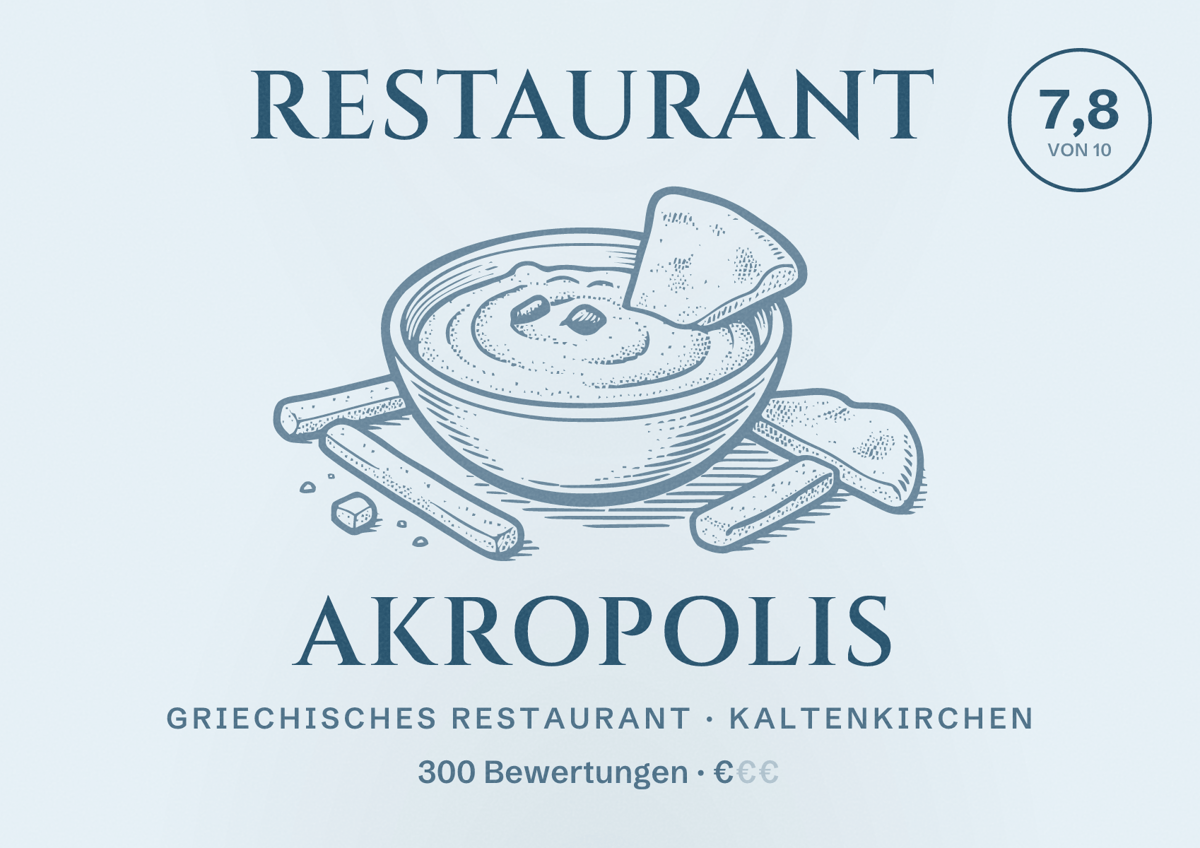 Illustriertes Poster von Restaurant Akropolis, Griechisches Restaurant in Kaltenkirchen: Bewertung 7,8 von 10 aus 300 Bewertungen, Preisniveau €