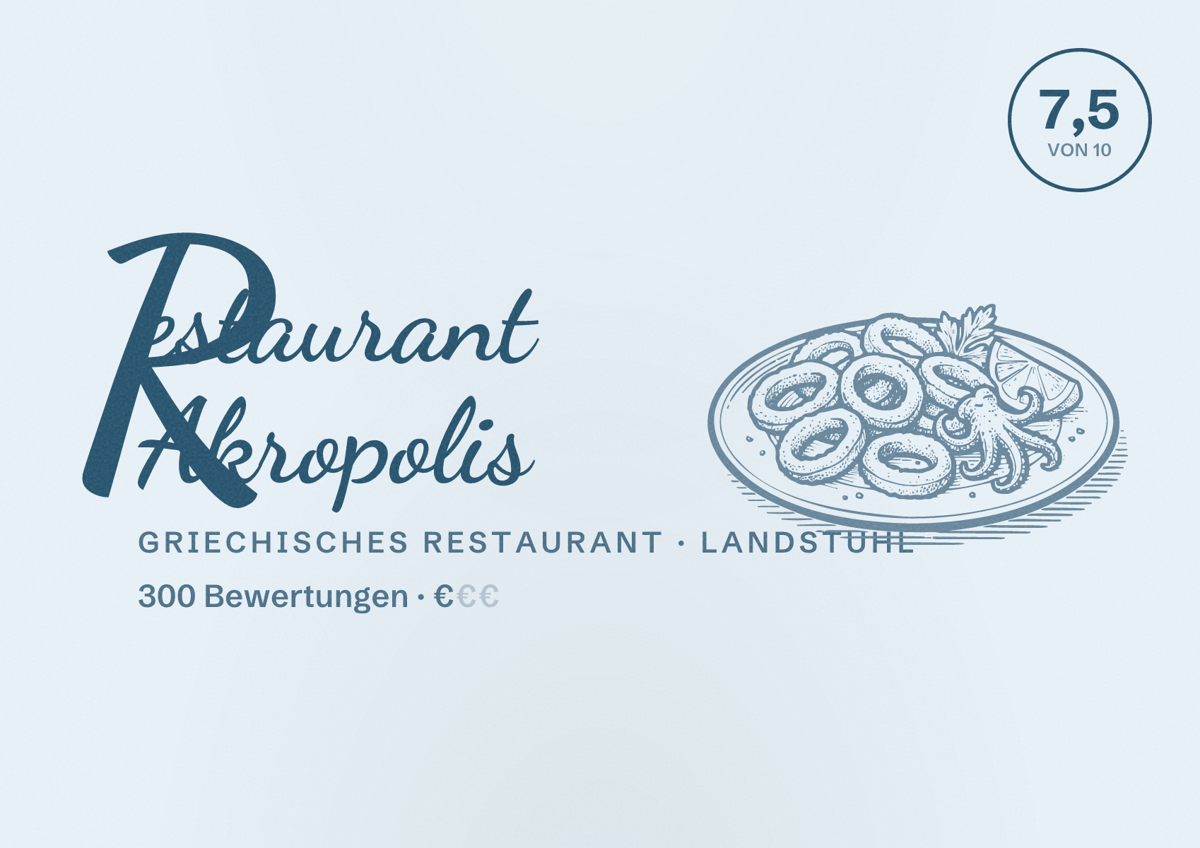Illustriertes Poster von Restaurant Akropolis, Griechisches Restaurant in Landstuhl: Bewertung 7,5 von 10 aus 300 Bewertungen, Preisniveau €