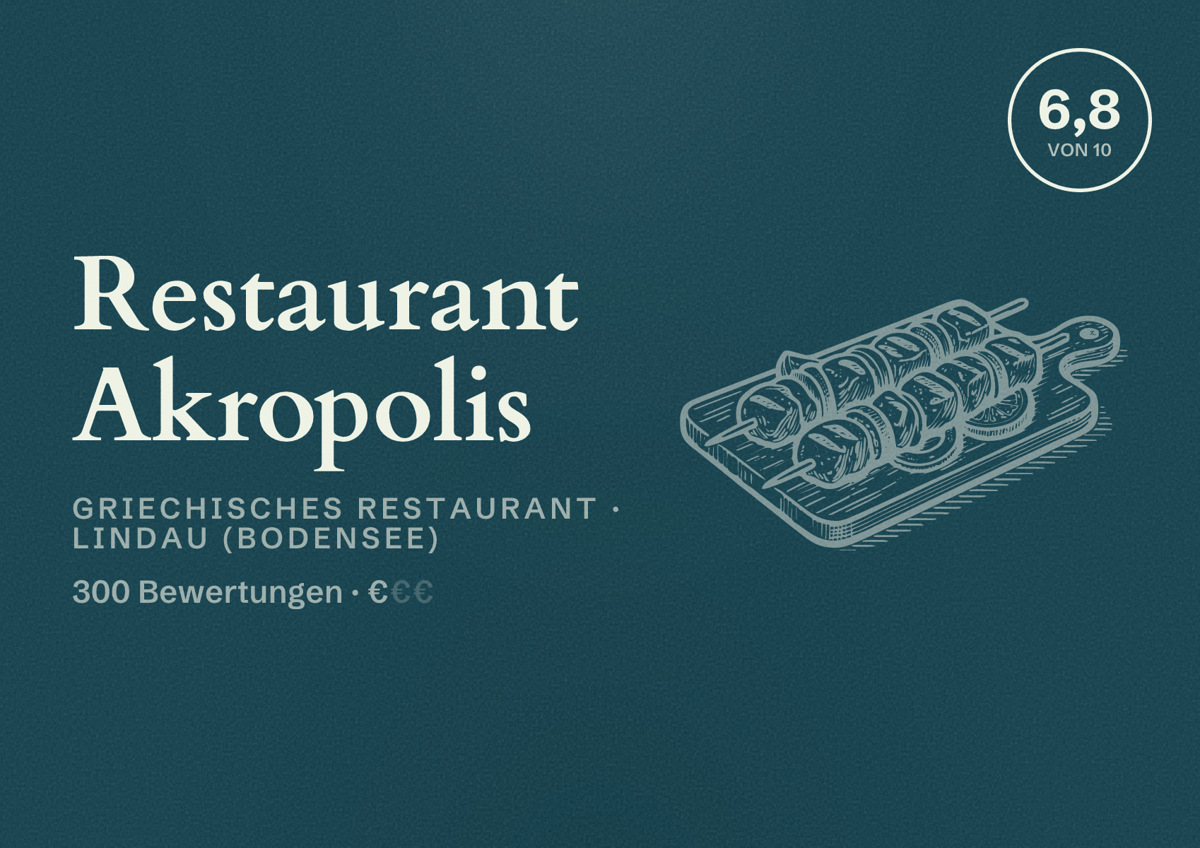Illustriertes Poster von Restaurant Akropolis, Griechisches Restaurant in Lindau (Bodensee): Bewertung 6,8 von 10 aus 300 Bewertungen, Preisniveau €