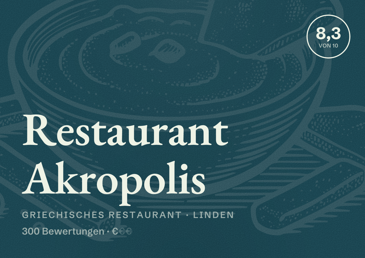 Illustriertes Poster von Restaurant Akropolis, Griechisches Restaurant in Linden: Bewertung 8,3 von 10 aus 300 Bewertungen, Preisniveau €