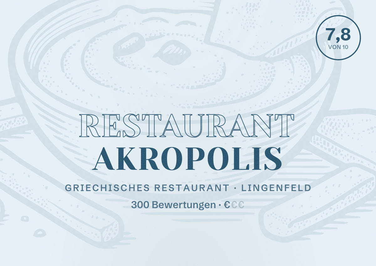 Illustriertes Poster von Restaurant Akropolis, Griechisches Restaurant in Lingenfeld: Bewertung 7,8 von 10 aus 300 Bewertungen, Preisniveau €