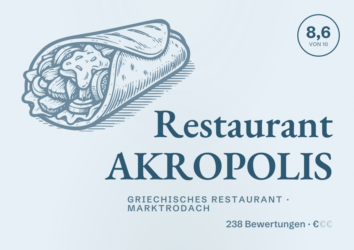 Illustriertes Poster von Restaurant AKROPOLIS, Griechisches Restaurant in Marktrodach: Bewertung 8,6 von 10 aus 238 Bewertungen, Preisniveau €