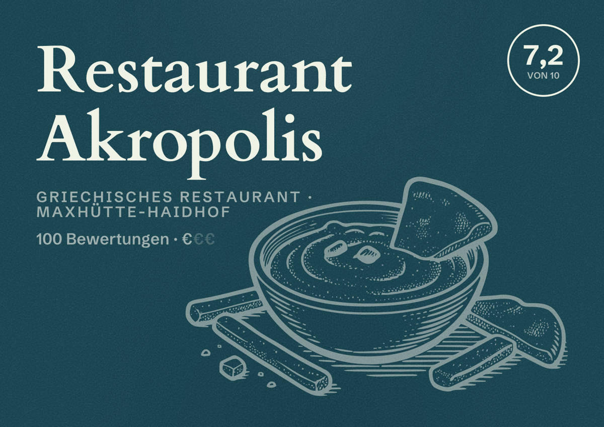 Illustriertes Poster von Restaurant Akropolis, Griechisches Restaurant in Maxhütte-Haidhof: Bewertung 7,2 von 10 aus 100 Bewertungen, Preisniveau €