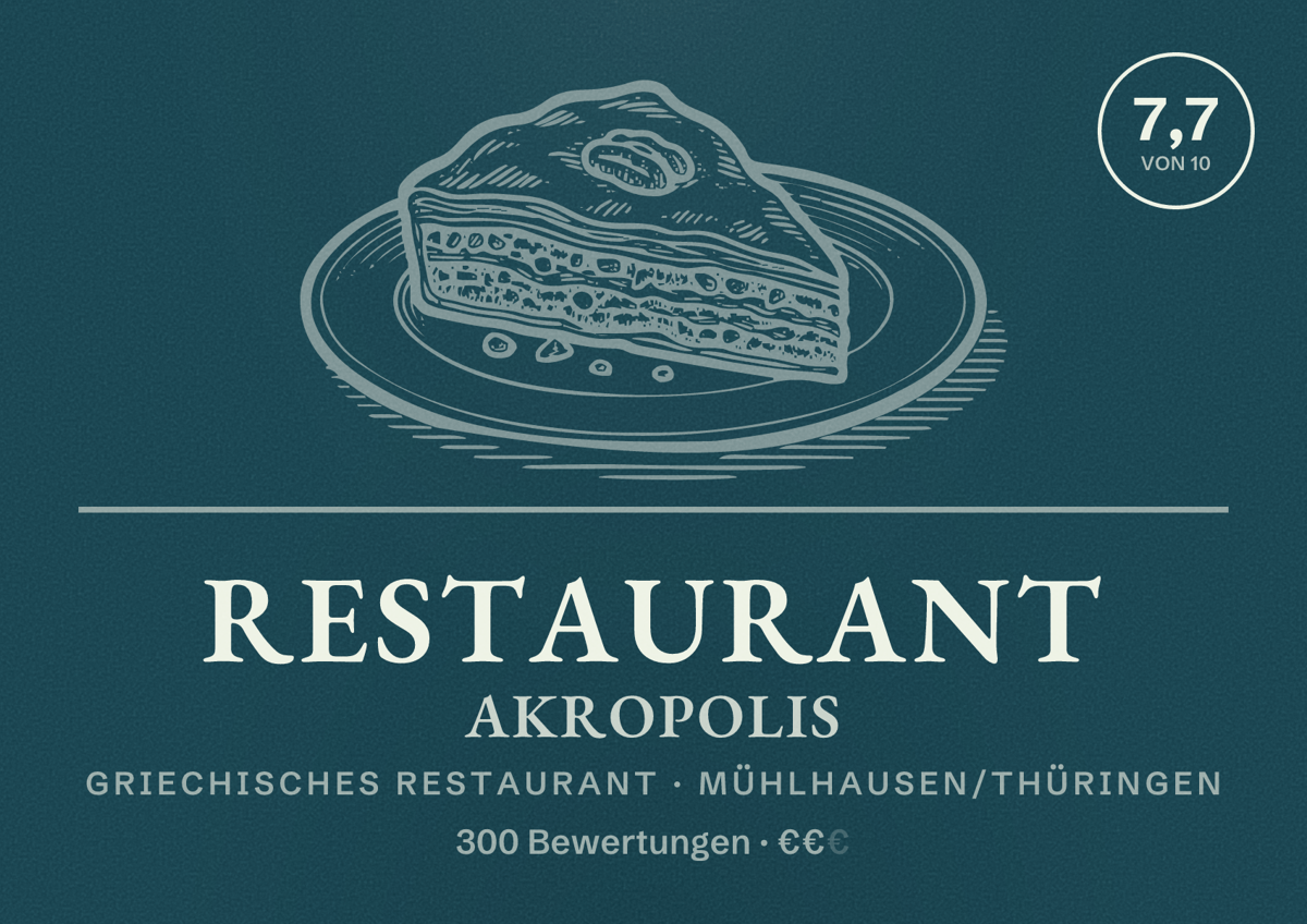 Illustriertes Poster von Restaurant Akropolis, Griechisches Restaurant in Mühlhausen/Thüringen: Bewertung 7,7 von 10 aus 300 Bewertungen, Preisniveau €€