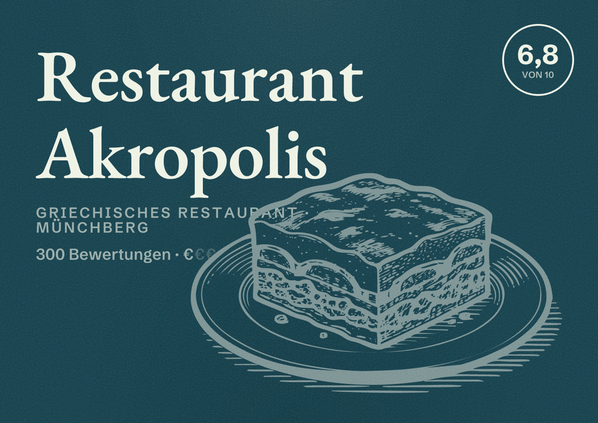Illustriertes Poster von Restaurant Akropolis, Griechisches Restaurant in Münchberg: Bewertung 6,8 von 10 aus 300 Bewertungen, Preisniveau €
