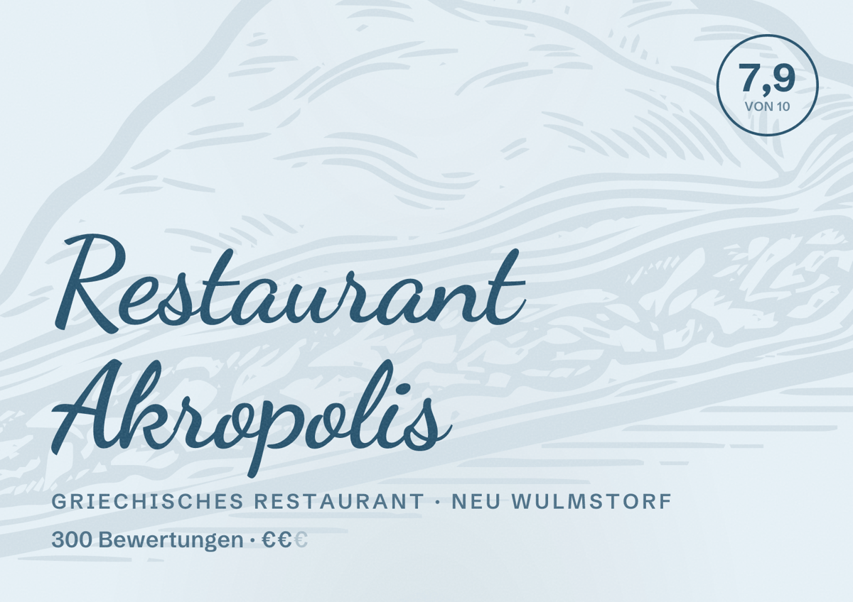 Illustriertes Poster von Restaurant Akropolis, Griechisches Restaurant in Neu Wulmstorf: Bewertung 7,9 von 10 aus 300 Bewertungen, Preisniveau €€