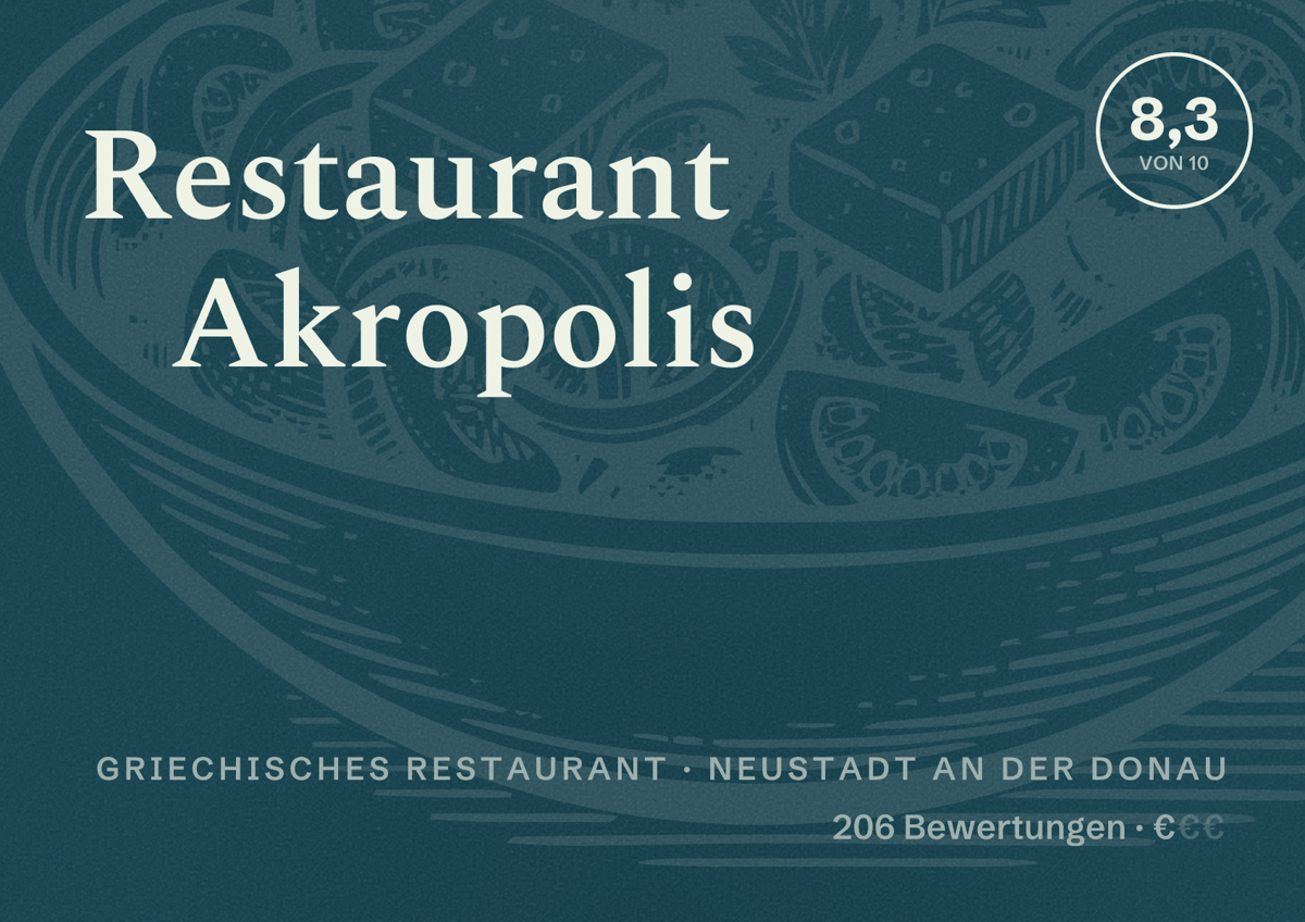 Illustriertes Poster von Restaurant Akropolis, Griechisches Restaurant in Neustadt an der Donau: Bewertung 8,3 von 10 aus 206 Bewertungen, Preisniveau €