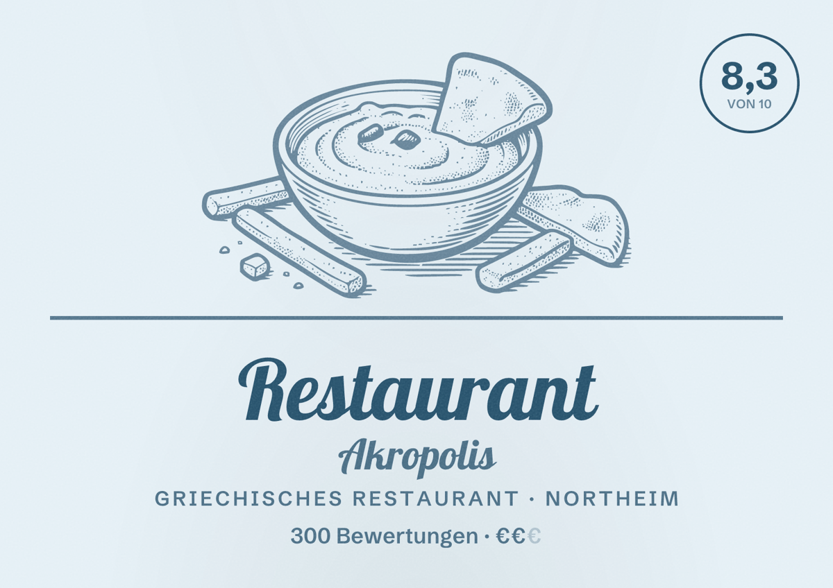 Illustriertes Poster von Restaurant Akropolis, Griechisches Restaurant in Northeim: Bewertung 8,3 von 10 aus 300 Bewertungen, Preisniveau €€