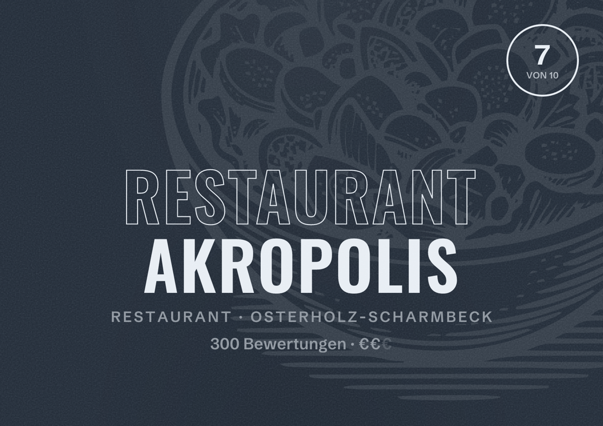 Illustriertes Poster von Restaurant Akropolis, Restaurant in Osterholz-Scharmbeck: Bewertung 7 von 10 aus 300 Bewertungen, Preisniveau €€