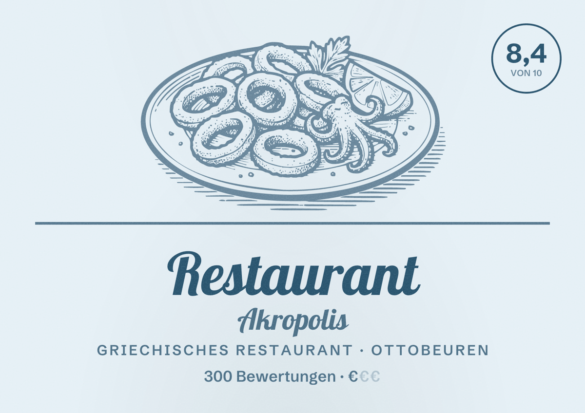 Illustriertes Poster von Restaurant Akropolis, Griechisches Restaurant in Ottobeuren: Bewertung 8,4 von 10 aus 300 Bewertungen, Preisniveau €
