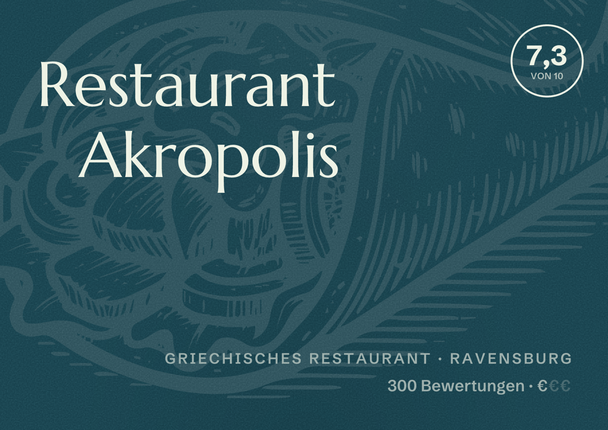 Illustriertes Poster von Restaurant Akropolis, Griechisches Restaurant in Ravensburg: Bewertung 7,3 von 10 aus 300 Bewertungen, Preisniveau €