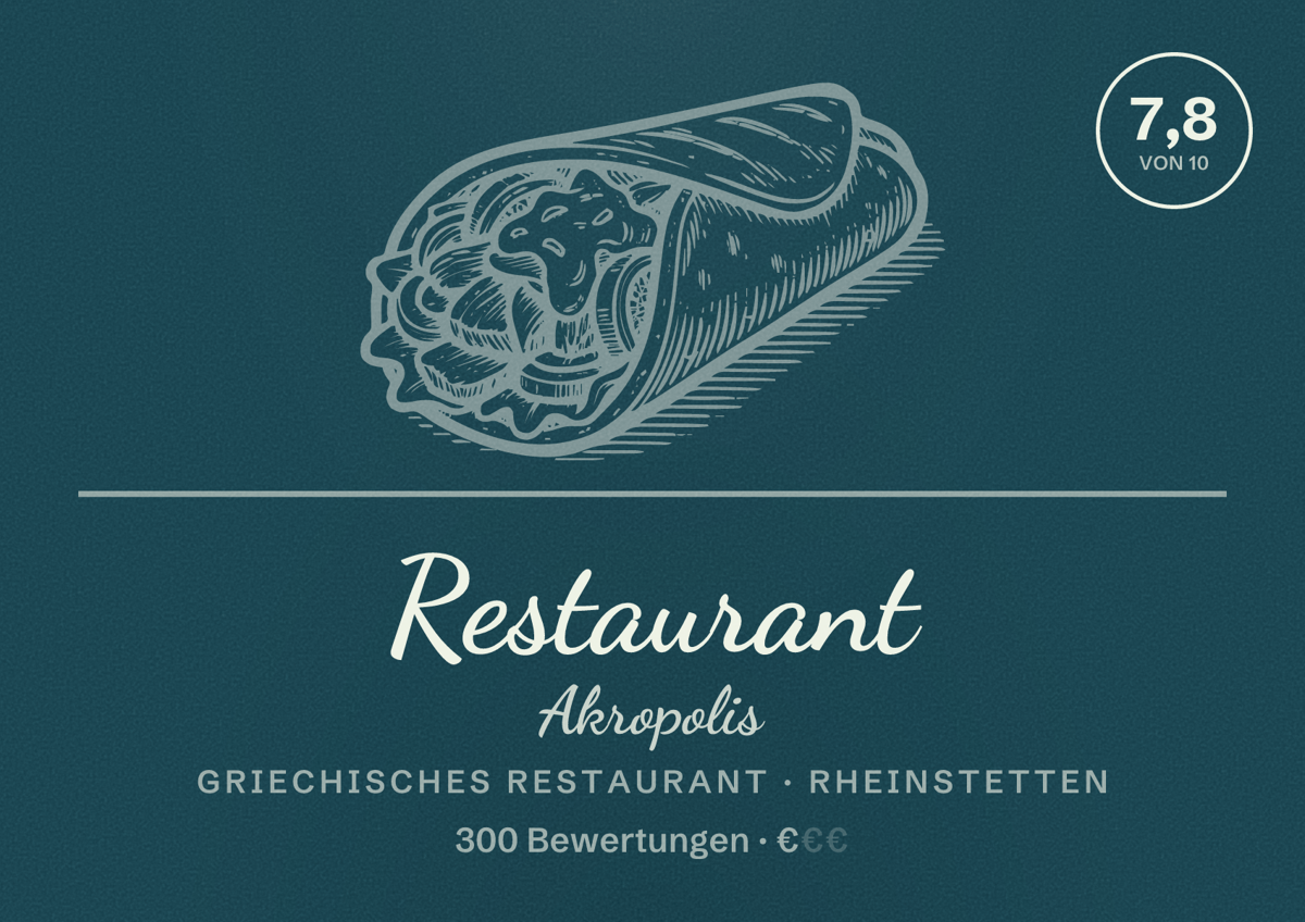 Illustriertes Poster von Restaurant Akropolis, Griechisches Restaurant in Rheinstetten: Bewertung 7,8 von 10 aus 300 Bewertungen, Preisniveau €
