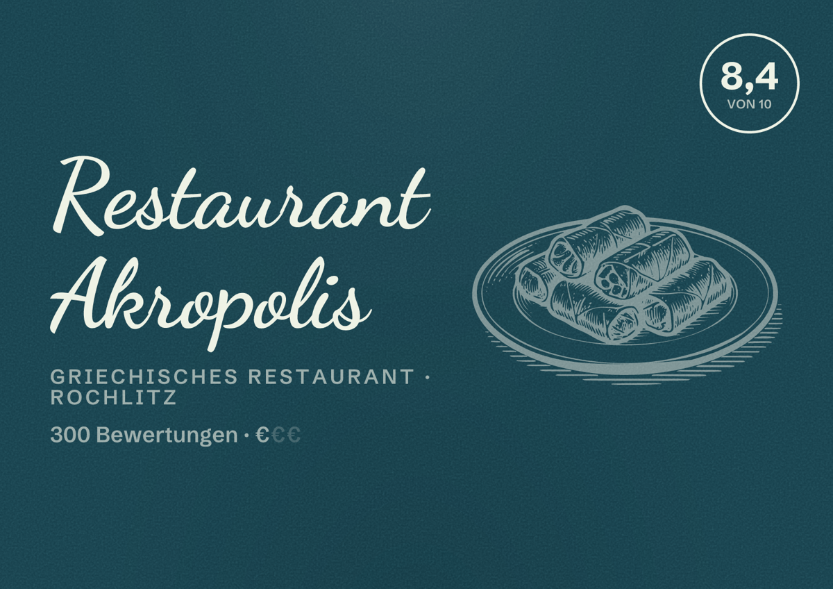 Illustriertes Poster von Restaurant Akropolis, Griechisches Restaurant in Rochlitz: Bewertung 8,4 von 10 aus 300 Bewertungen, Preisniveau €