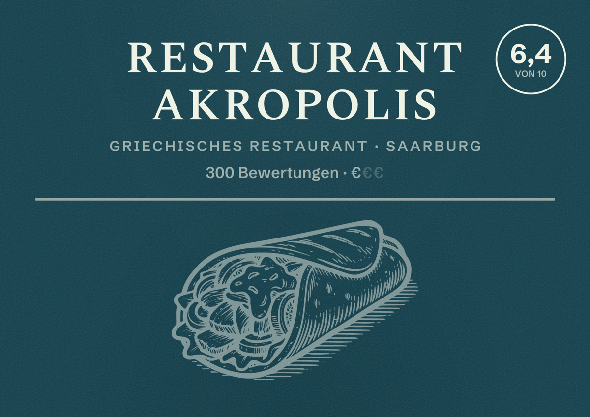 Illustriertes Poster von Restaurant Akropolis, Griechisches Restaurant in Saarburg: Bewertung 6,4 von 10 aus 300 Bewertungen, Preisniveau €