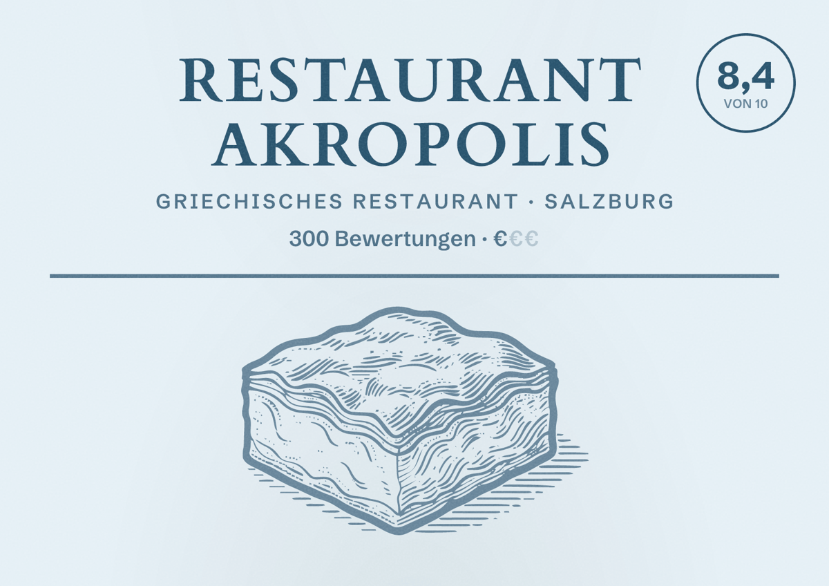 Illustriertes Poster von Restaurant Akropolis, Griechisches Restaurant in Salzburg: Bewertung 8,4 von 10 aus 300 Bewertungen, Preisniveau €