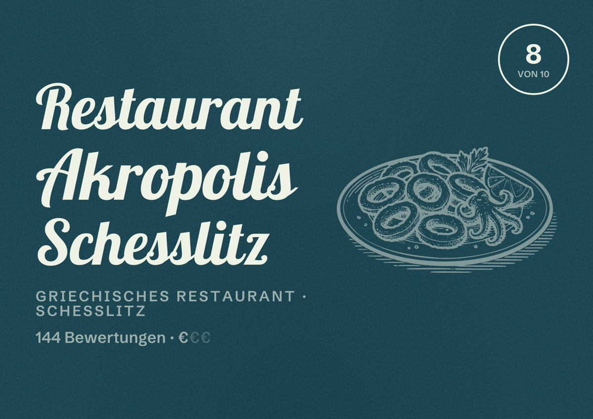 Illustriertes Poster von Restaurant Akropolis Schesslitz, Griechisches Restaurant in Scheßlitz: Bewertung 8 von 10 aus 144 Bewertungen, Preisniveau €