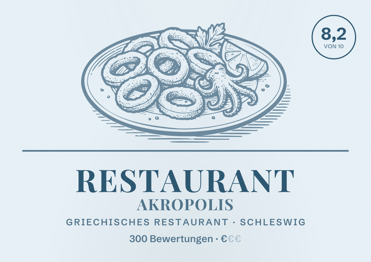 Illustriertes Poster von Restaurant Akropolis, Griechisches Restaurant in Schleswig: Bewertung 8,2 von 10 aus 300 Bewertungen, Preisniveau €