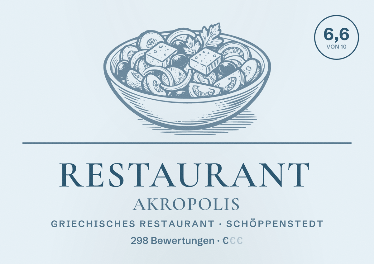 Illustriertes Poster von Restaurant Akropolis, Griechisches Restaurant in Schöppenstedt: Bewertung 6,6 von 10 aus 298 Bewertungen, Preisniveau €