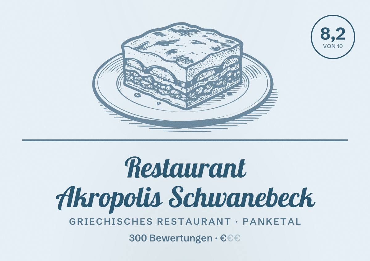 Illustriertes Poster von Restaurant Akropolis Schwanebeck, Griechisches Restaurant in Panketal: Bewertung 8,2 von 10 aus 300 Bewertungen, Preisniveau €