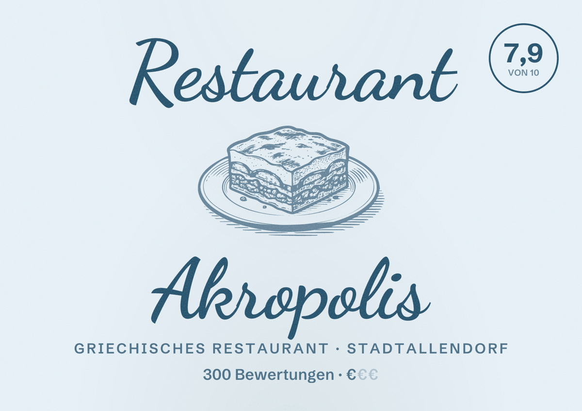 Illustriertes Poster von Restaurant Akropolis, Griechisches Restaurant in Stadtallendorf: Bewertung 7,9 von 10 aus 300 Bewertungen, Preisniveau €