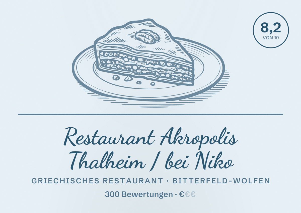 Illustriertes Poster von Restaurant Akropolis Thalheim / bei Niko, Griechisches Restaurant in Bitterfeld-Wolfen: Bewertung 8,2 von 10 aus 300 Bewertungen, Preisniveau €