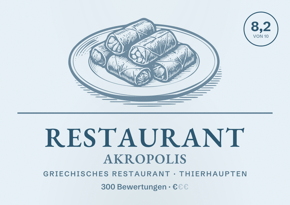 Illustriertes Poster von Restaurant Akropolis, Griechisches Restaurant in Thierhaupten: Bewertung 8,2 von 10 aus 300 Bewertungen, Preisniveau €