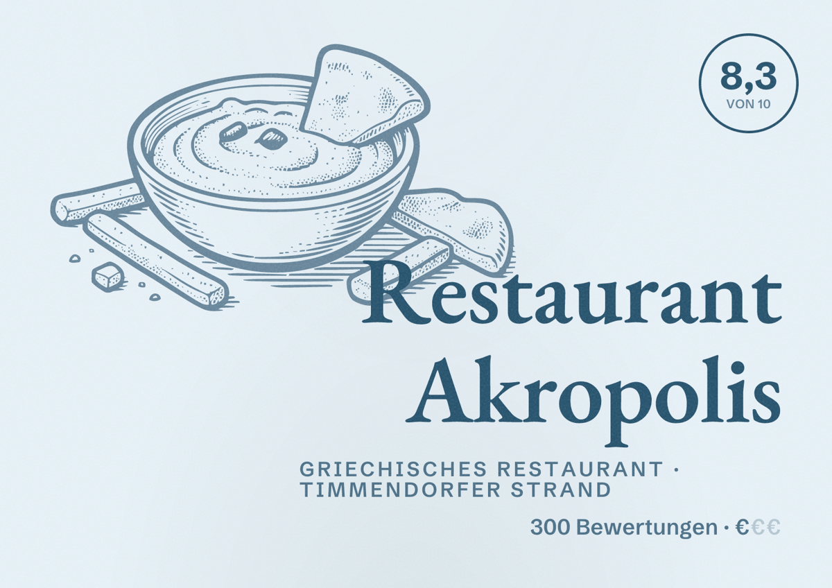 Illustriertes Poster von Restaurant Akropolis, Griechisches Restaurant in Timmendorfer Strand: Bewertung 8,3 von 10 aus 300 Bewertungen, Preisniveau €