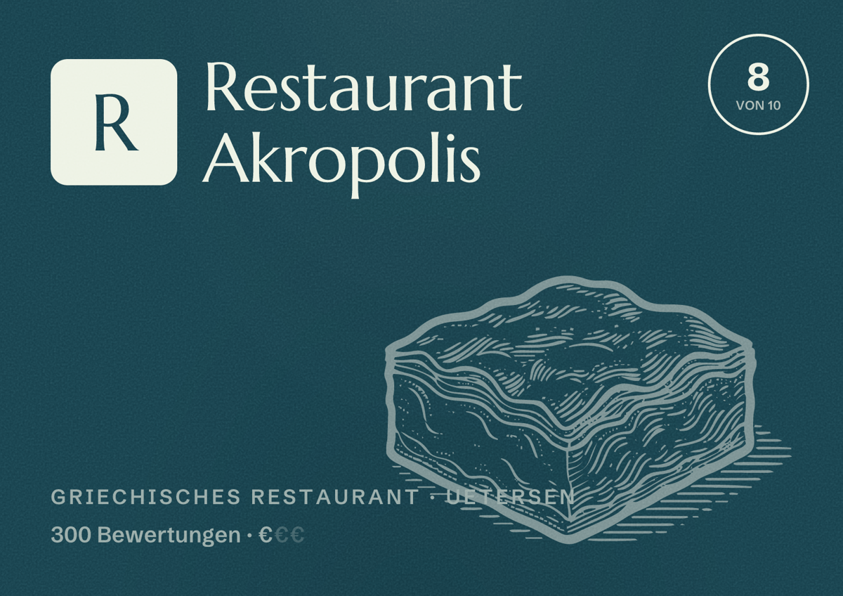 Illustriertes Poster von Restaurant Akropolis, Griechisches Restaurant in Uetersen: Bewertung 8 von 10 aus 300 Bewertungen, Preisniveau €
