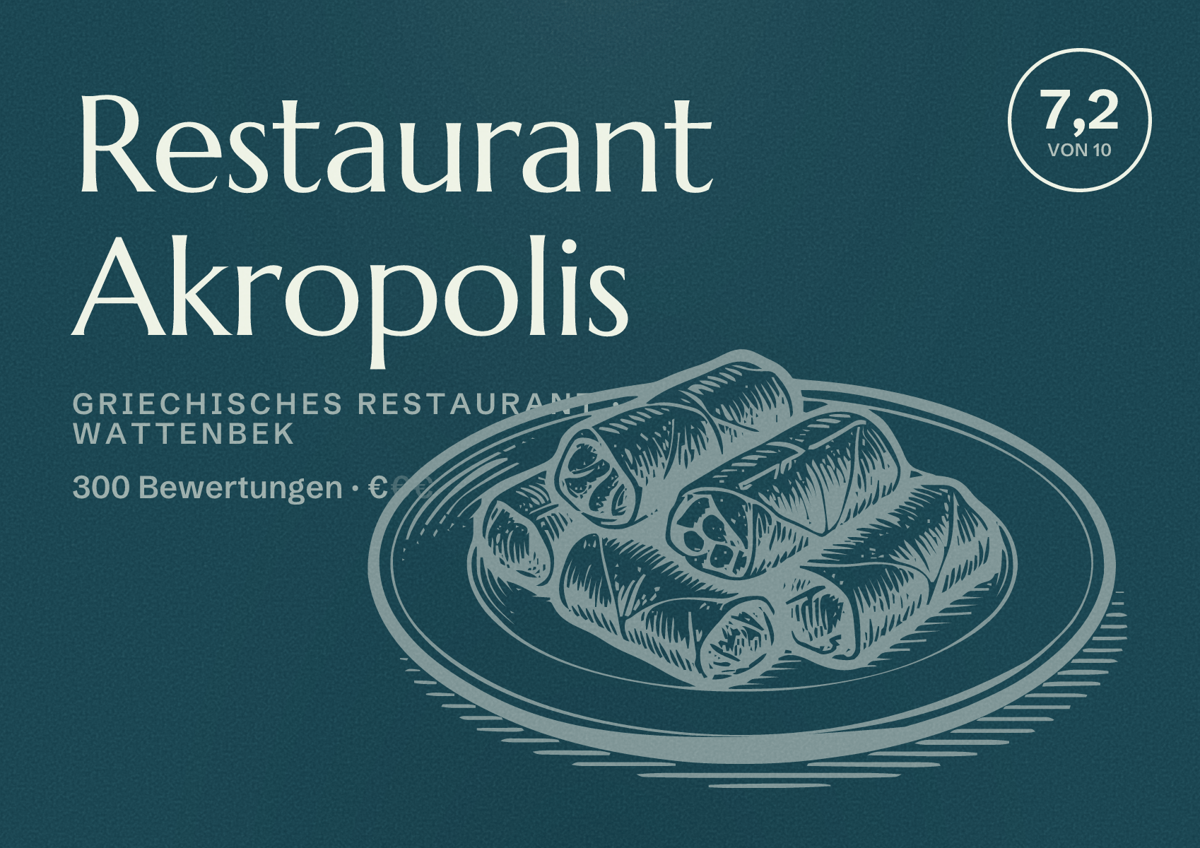 Illustriertes Poster von Restaurant Akropolis, Griechisches Restaurant in Wattenbek: Bewertung 7,2 von 10 aus 300 Bewertungen, Preisniveau €