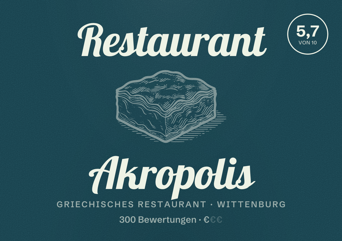 Illustriertes Poster von Restaurant Akropolis, Griechisches Restaurant in Wittenburg: Bewertung 5,7 von 10 aus 300 Bewertungen, Preisniveau €