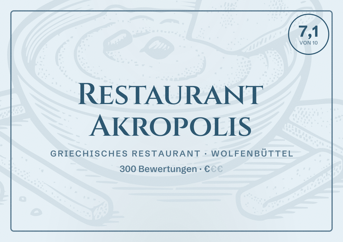Illustriertes Poster von Restaurant Akropolis, Griechisches Restaurant in Wolfenbüttel: Bewertung 7,1 von 10 aus 300 Bewertungen, Preisniveau €