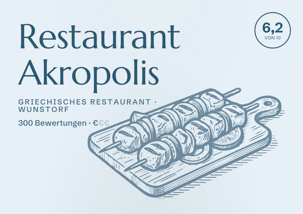 Illustriertes Poster von Restaurant Akropolis, Griechisches Restaurant in Wunstorf: Bewertung 6,2 von 10 aus 300 Bewertungen, Preisniveau €
