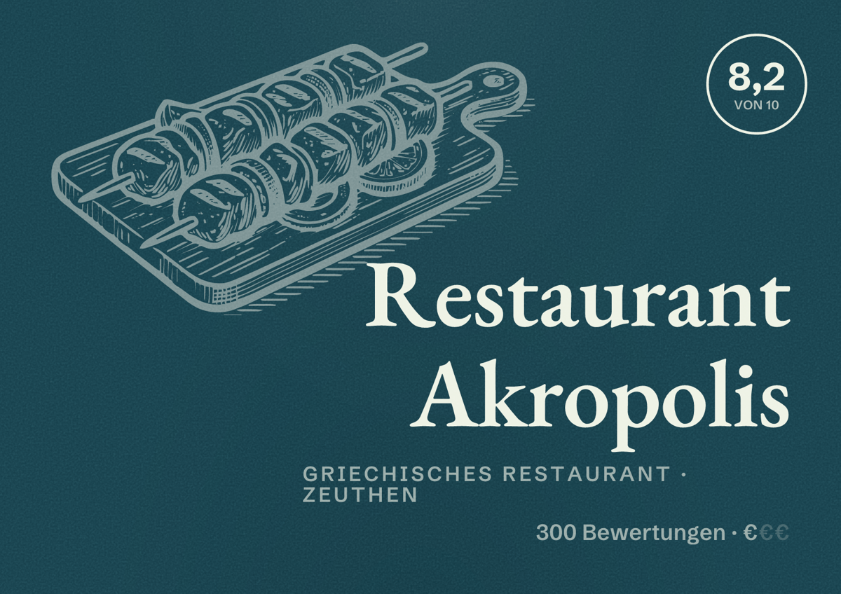 Illustriertes Poster von Restaurant Akropolis, Griechisches Restaurant in Zeuthen: Bewertung 8,2 von 10 aus 300 Bewertungen, Preisniveau €
