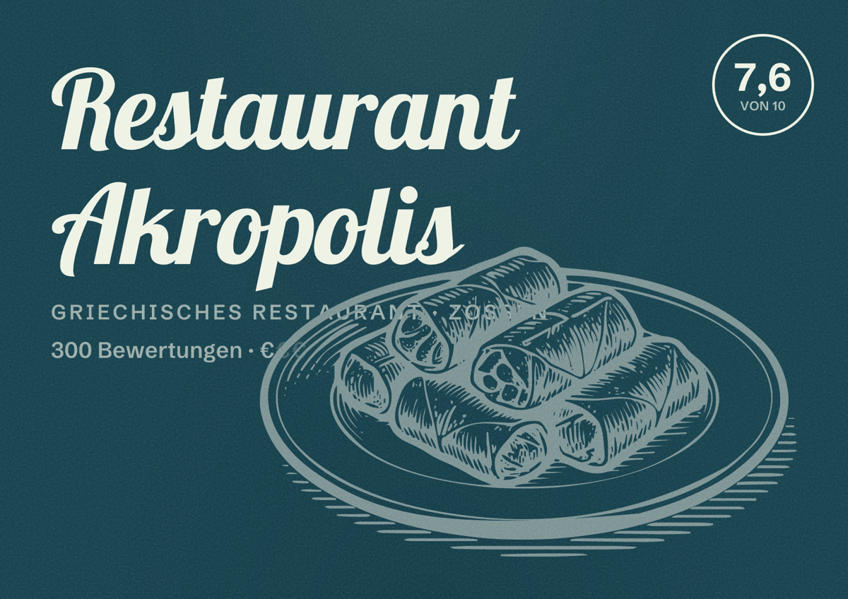 Illustriertes Poster von Restaurant Akropolis, Griechisches Restaurant in Zossen: Bewertung 7,6 von 10 aus 300 Bewertungen, Preisniveau €