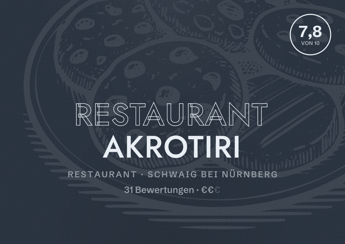 Illustriertes Poster von Restaurant Akrotiri, Restaurant in Schwaig bei Nürnberg: Bewertung 7,8 von 10 aus 31 Bewertungen, Preisniveau €€