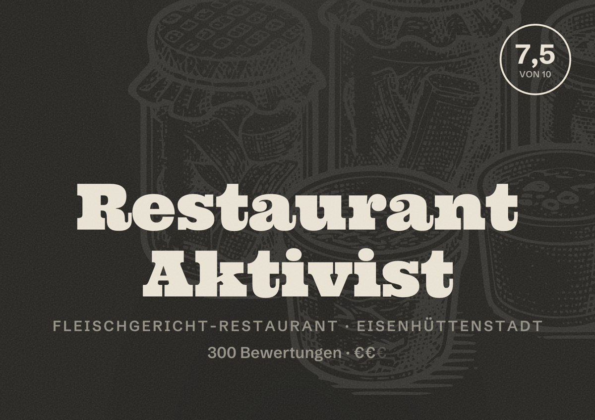 Illustriertes Poster von Restaurant Aktivist, Fleischgericht-Restaurant in Eisenhüttenstadt: Bewertung 7,5 von 10 aus 300 Bewertungen, Preisniveau €€