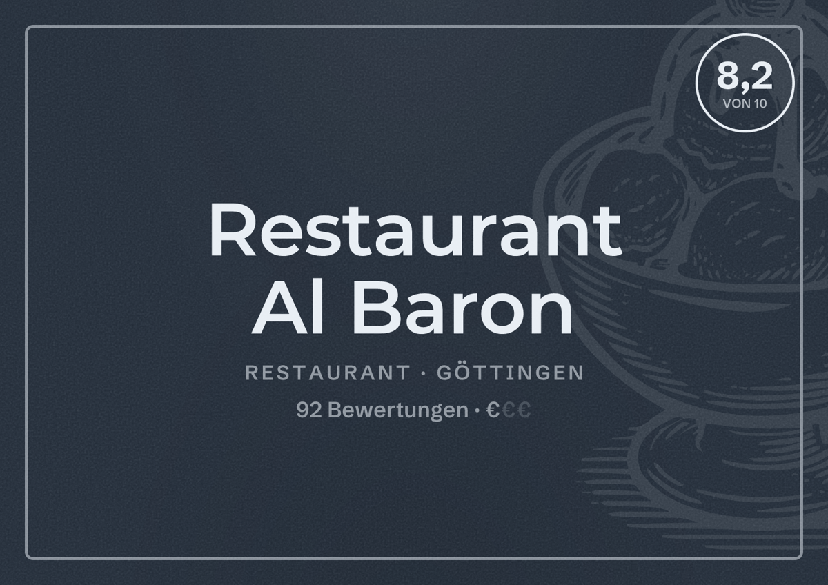 Illustriertes Poster von Restaurant Al Baron, Restaurant in Göttingen: Bewertung 8,2 von 10 aus 92 Bewertungen, Preisniveau €