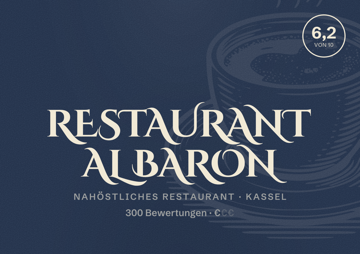 Illustriertes Poster von Restaurant Al Baron, Nahöstliches Restaurant in Kassel: Bewertung 6,2 von 10 aus 300 Bewertungen, Preisniveau €