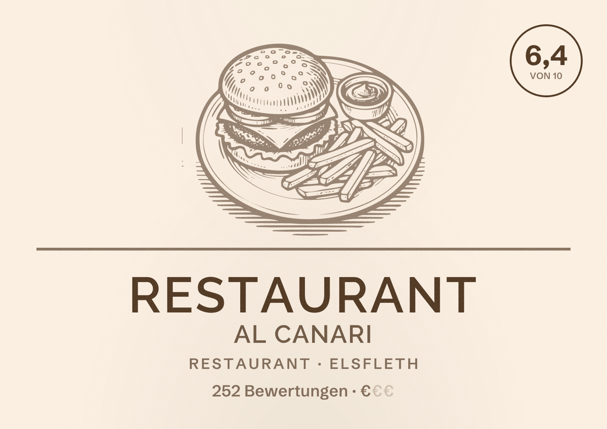 Illustriertes Poster von Restaurant Al Canari, Restaurant in Elsfleth: Bewertung 6,4 von 10 aus 252 Bewertungen, Preisniveau €