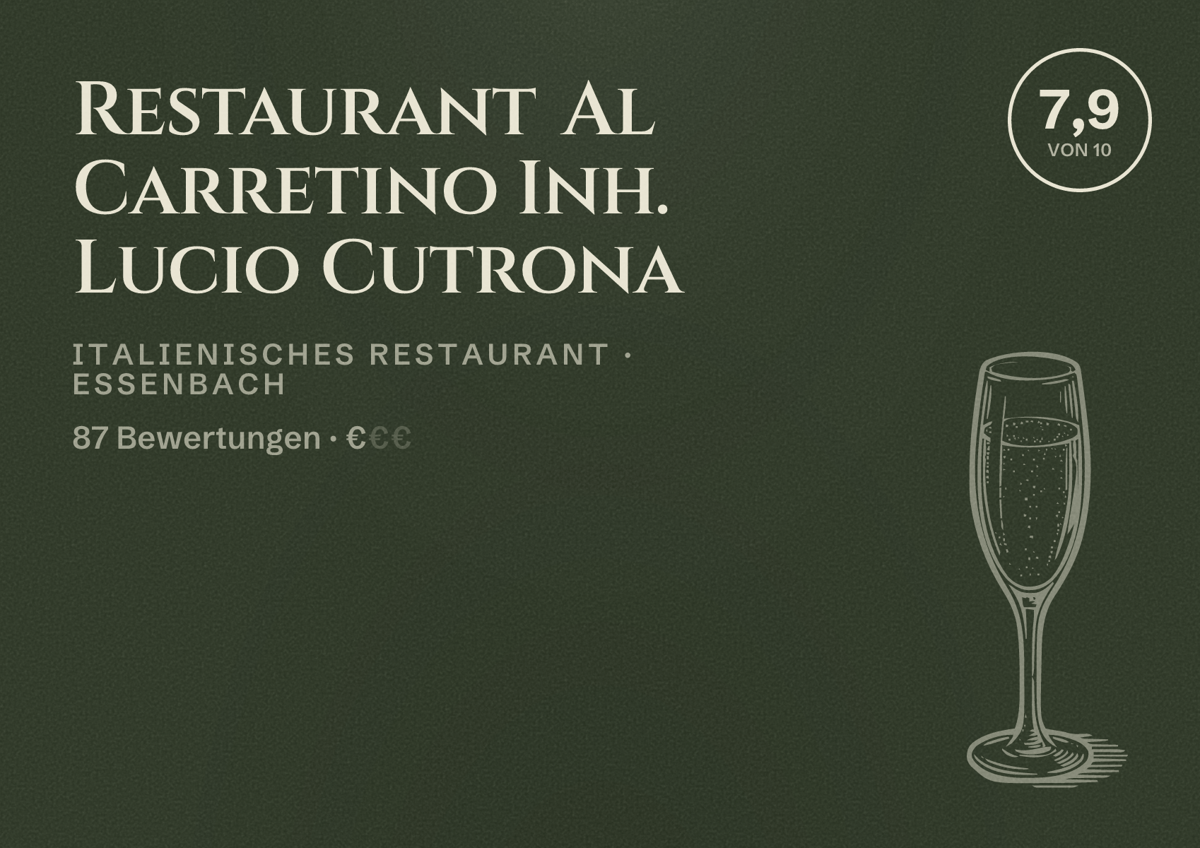 Illustriertes Poster von Restaurant Al Carretino Inh. Lucio Cutrona, Italienisches Restaurant in Essenbach: Bewertung 7,9 von 10 aus 87 Bewertungen, Preisniveau €