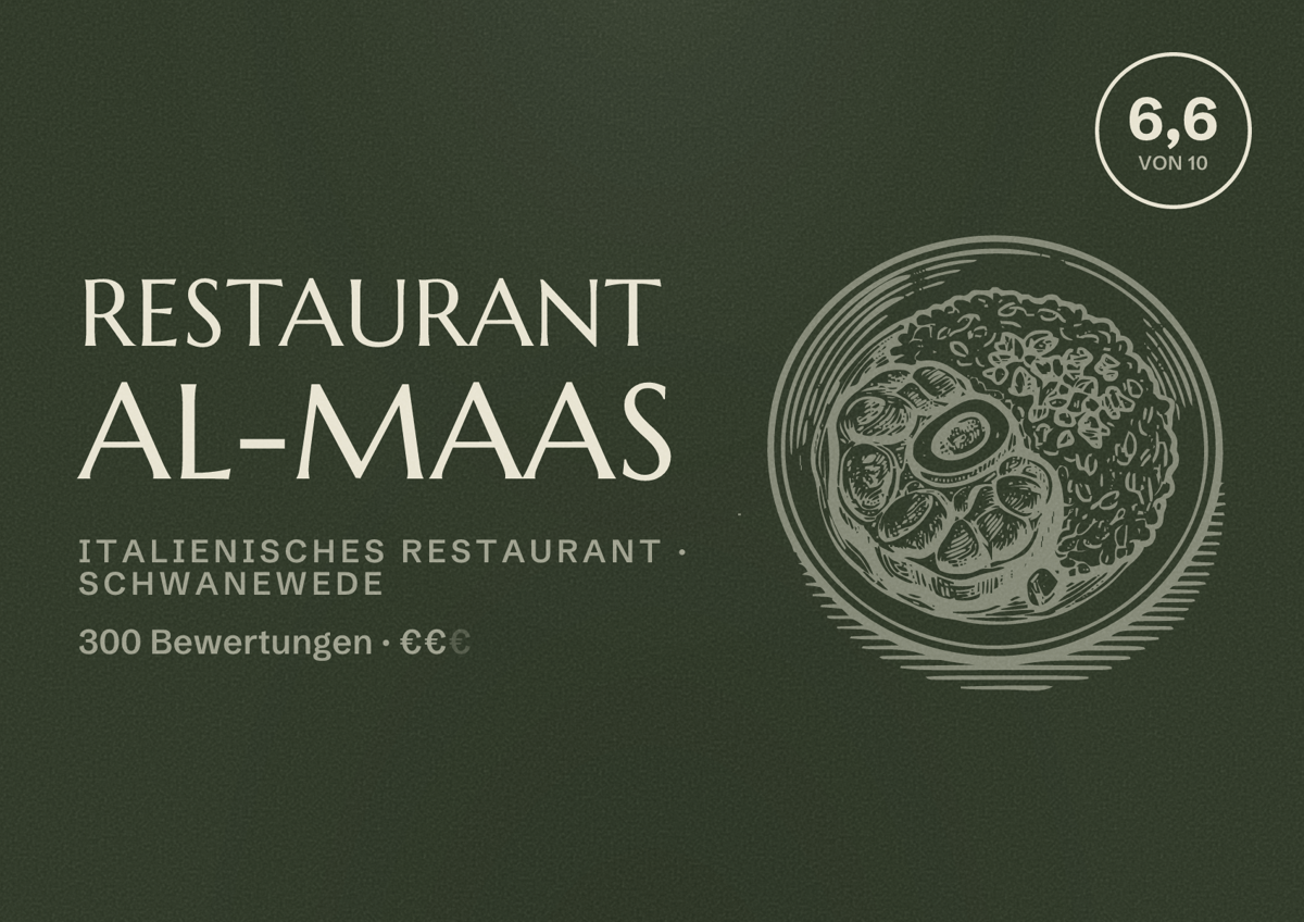 Illustriertes Poster von Restaurant Al-Maas, Italienisches Restaurant in Schwanewede: Bewertung 6,6 von 10 aus 300 Bewertungen, Preisniveau €€