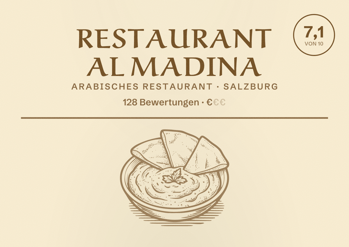 Illustriertes Poster von Restaurant AL MADINA, Arabisches Restaurant in Salzburg: Bewertung 7,1 von 10 aus 128 Bewertungen, Preisniveau €