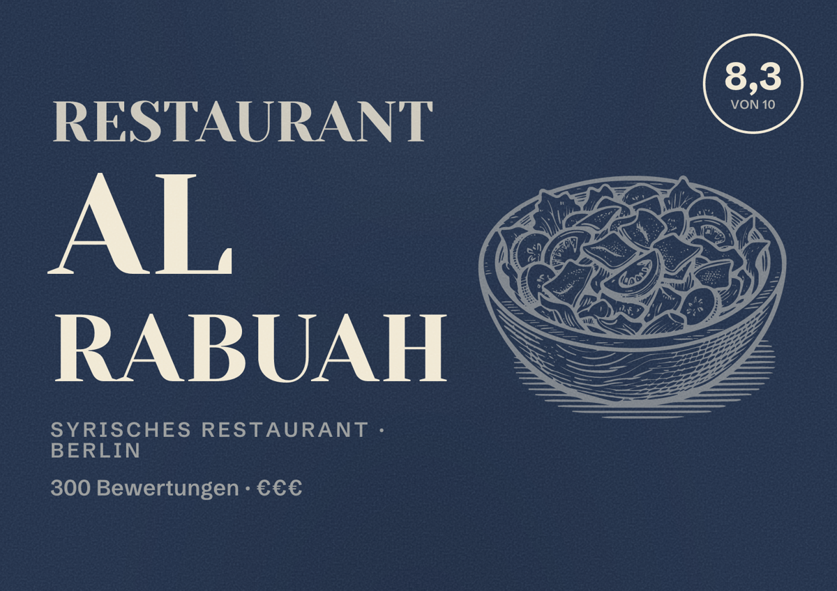 Illustriertes Poster von Restaurant Al Rabuah, Syrisches Restaurant in Berlin: Bewertung 8,3 von 10 aus 300 Bewertungen, Preisniveau €€€
