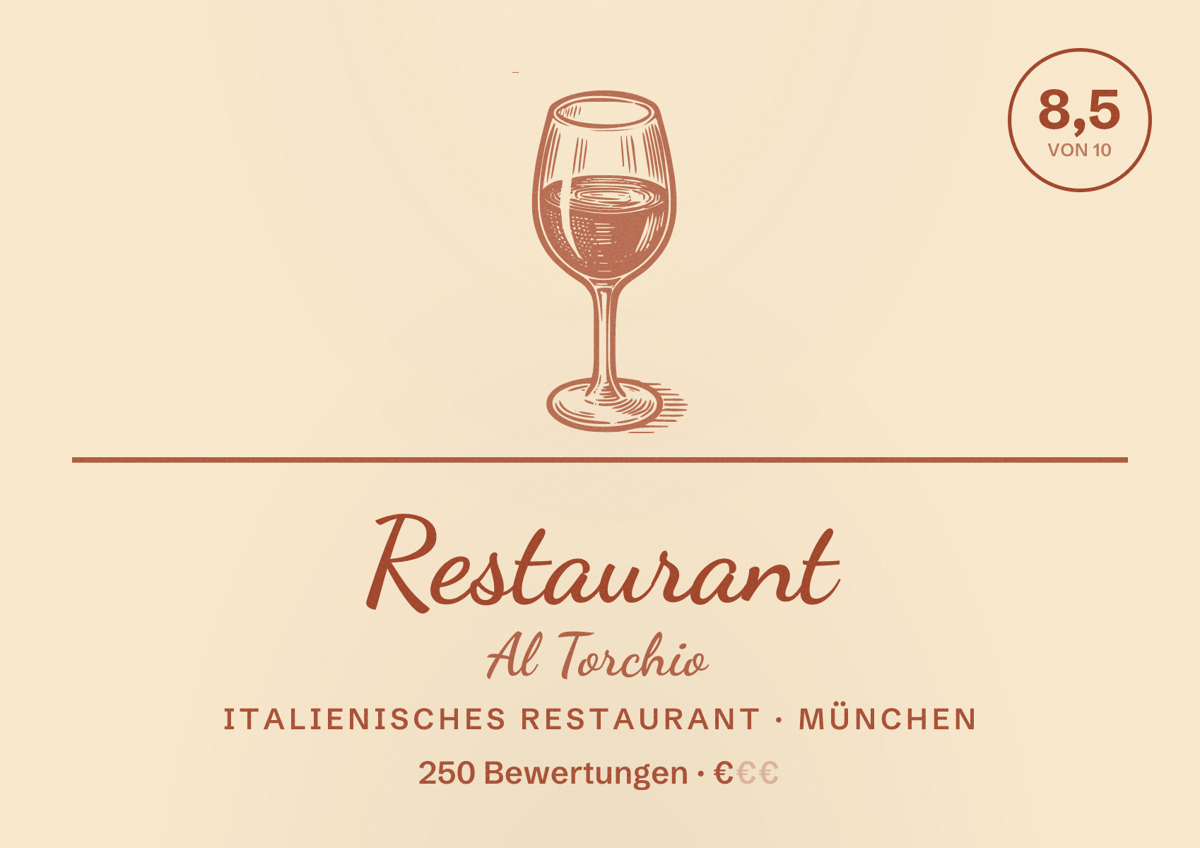Illustriertes Poster von Restaurant Al Torchio, Italienisches Restaurant in München: Bewertung 8,5 von 10 aus 250 Bewertungen, Preisniveau €