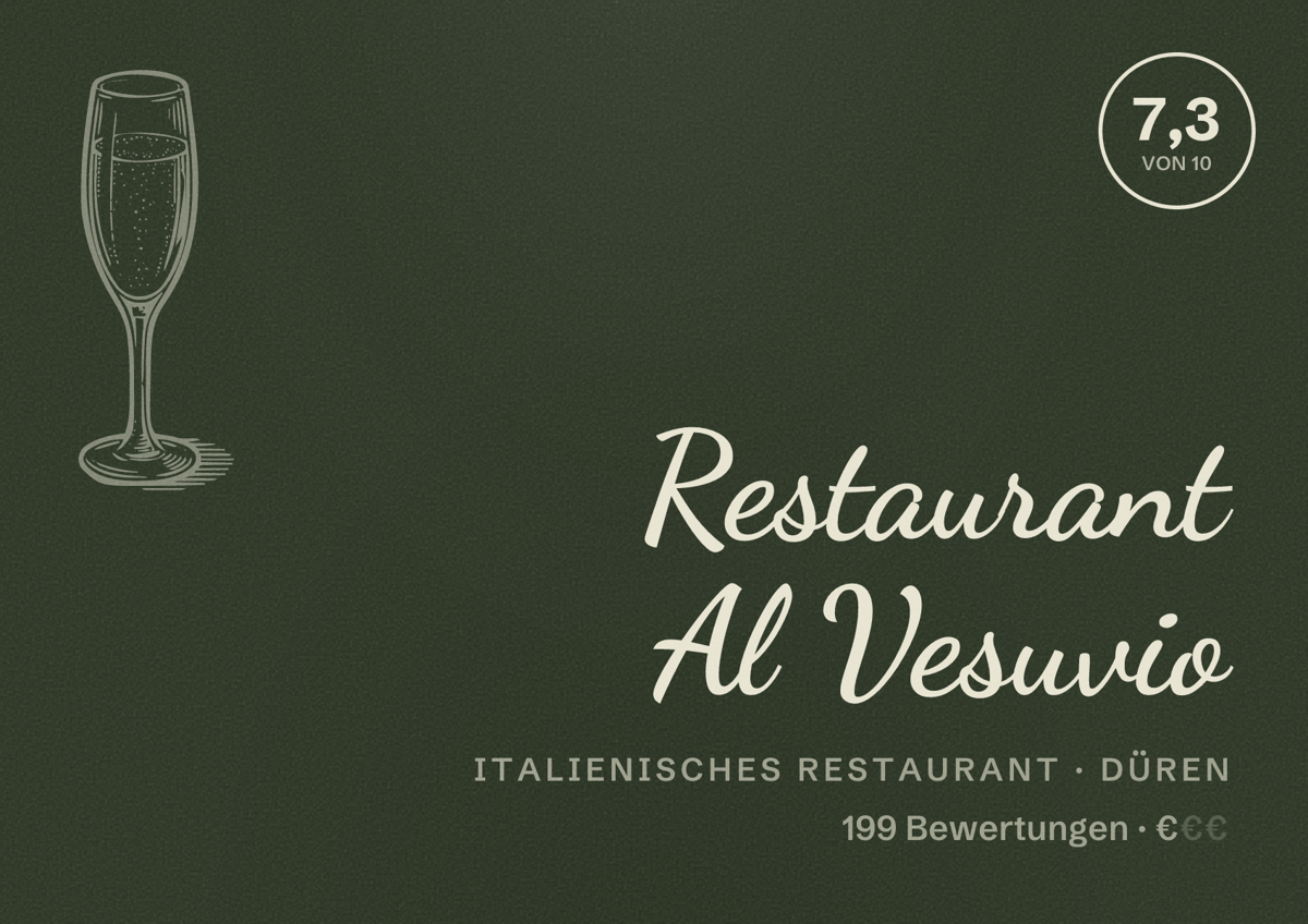 Illustriertes Poster von Restaurant Al Vesuvio, Italienisches Restaurant in Düren: Bewertung 7,3 von 10 aus 199 Bewertungen, Preisniveau €