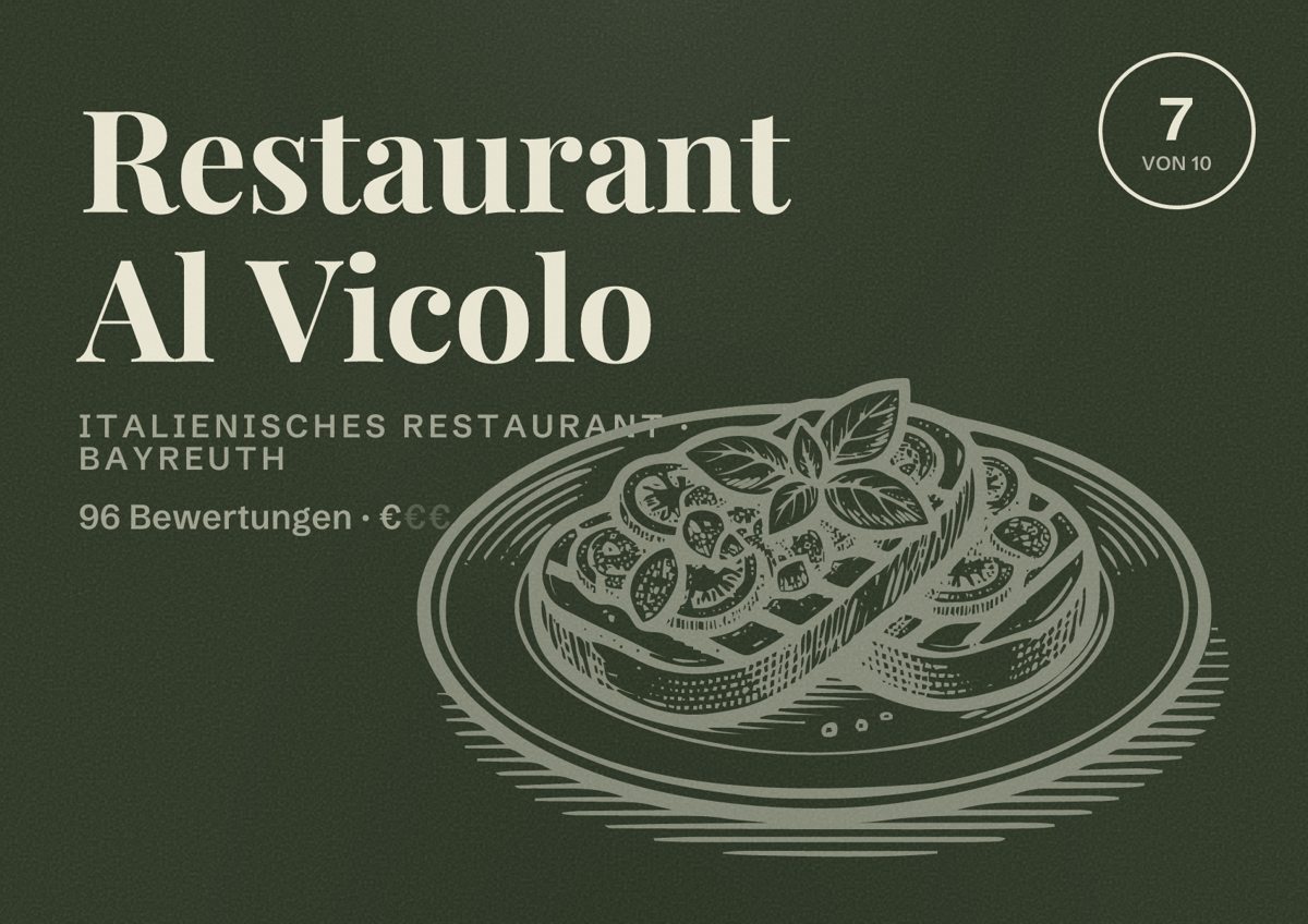 Illustriertes Poster von Restaurant Al Vicolo, Italienisches Restaurant in Bayreuth: Bewertung 7 von 10 aus 96 Bewertungen, Preisniveau €