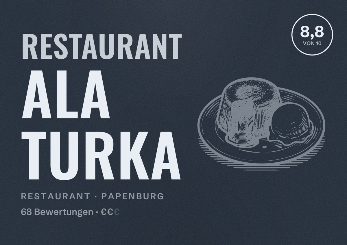 Illustriertes Poster von Restaurant Ala Turka, Restaurant in Papenburg: Bewertung 8,8 von 10 aus 68 Bewertungen, Preisniveau €€