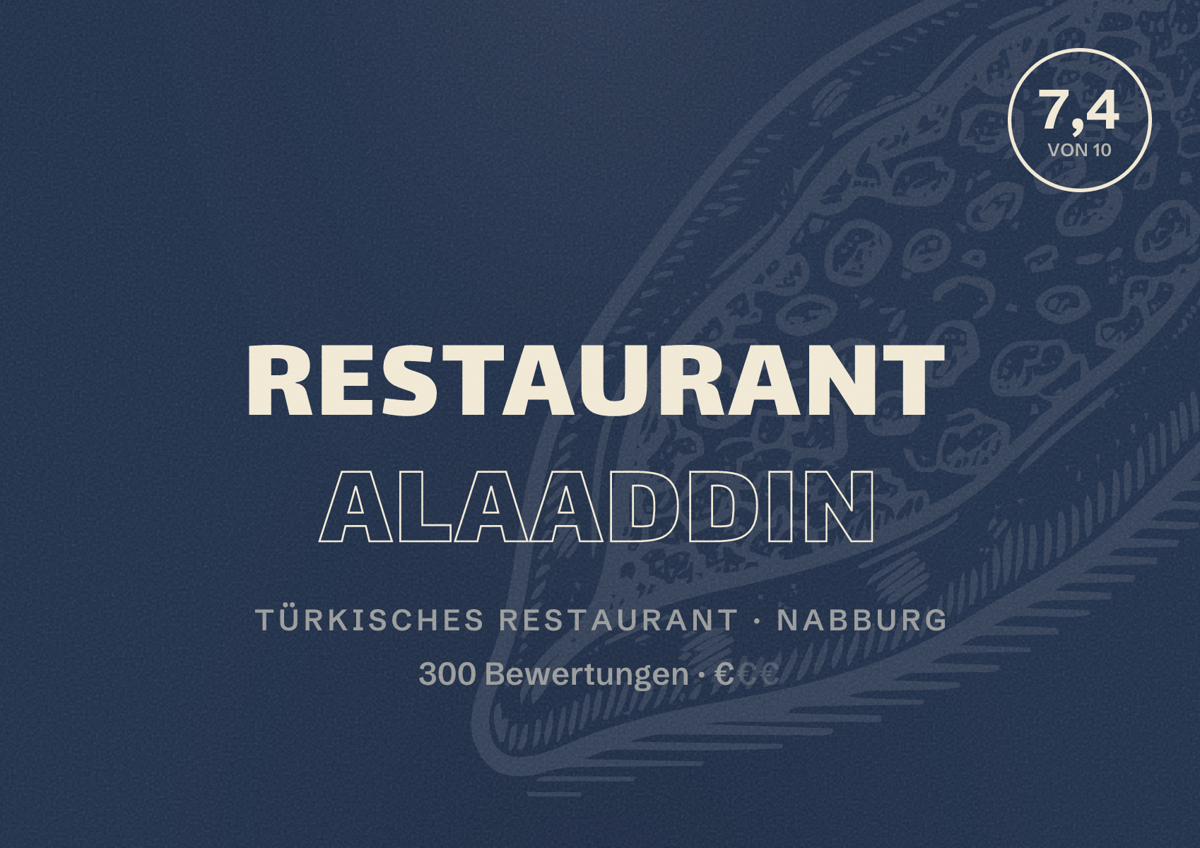 Illustriertes Poster von Restaurant Alaaddin, Türkisches Restaurant in Nabburg: Bewertung 7,4 von 10 aus 300 Bewertungen, Preisniveau €