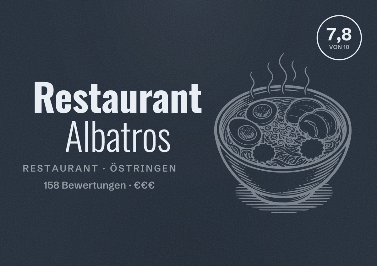 Illustriertes Poster von Restaurant Albatros, Restaurant in Östringen: Bewertung 7,8 von 10 aus 158 Bewertungen, Preisniveau €€€
